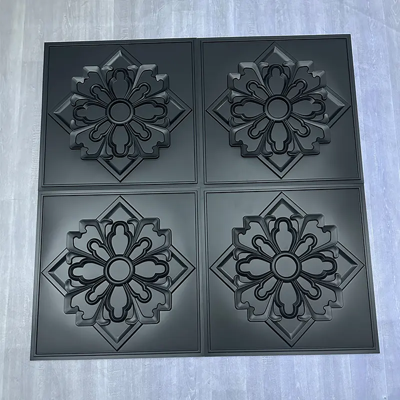 Zejing 3D Embossed PVC Ceiling Panel Tiles Easy-to-Install Wall Panels for Mall Bathroom Hotel Square Shape D231黑色2.jpg