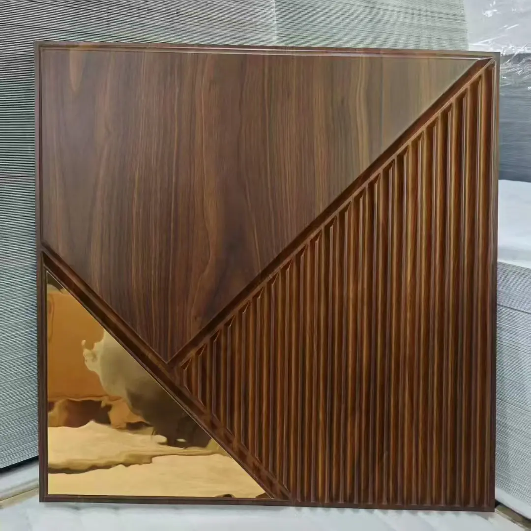 Zejing 50*50 cm 3D Textures PVC Geometric Wall Panel Short Lead Time for Interior Decoration Easy Installation Modern Waterproof Design D178木纹镜面金.jpg