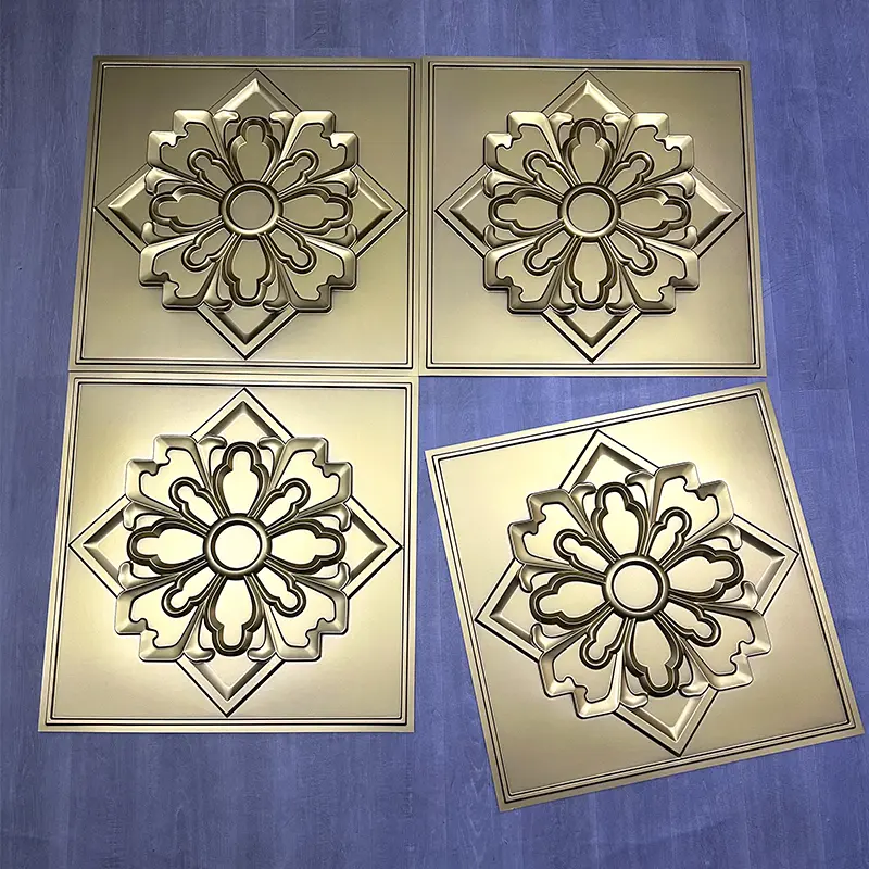 Zejing 3D Embossed PVC Ceiling Panel Tiles Easy-to-Install Wall Panels for Mall Bathroom Hotel Square Shape D231香槟金2.jpg
