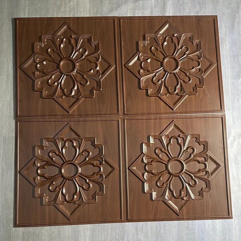 Zejing 3D Embossed PVC Ceiling Panel Tiles Easy-to-Install Wall Panels for Mall Bathroom Hotel Square Shape D231黑木纹2.jpg